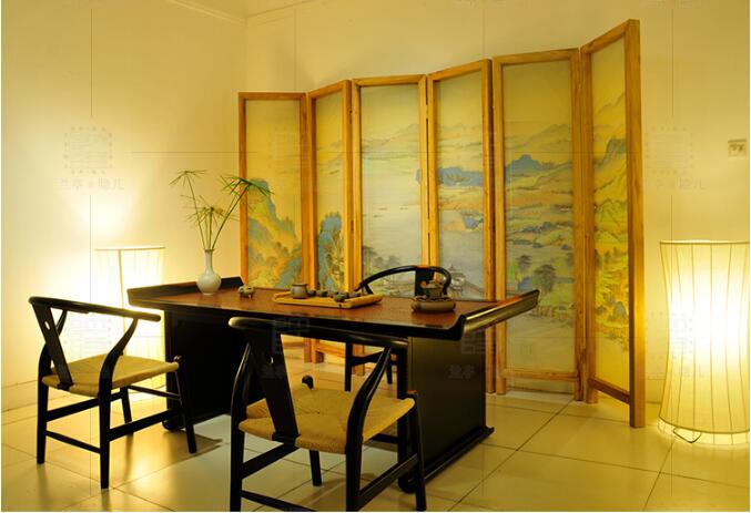 新中式山水花鳥絹布折疊屏風