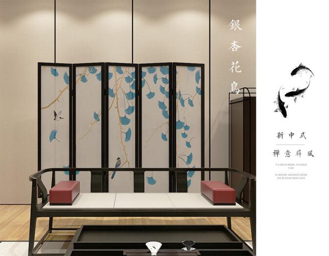 新中式屏風(fēng)實木折屏銀杏花鳥屏風(fēng)