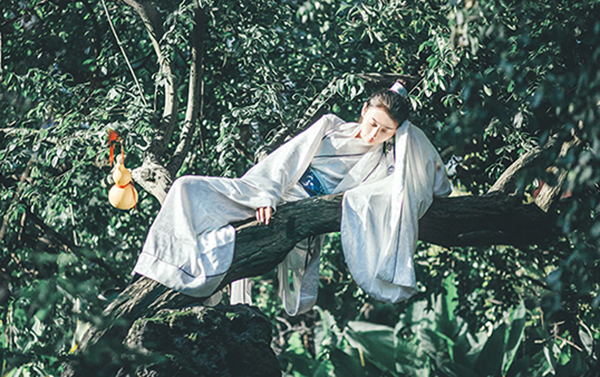 漢服白藍色提花綢直裾裙