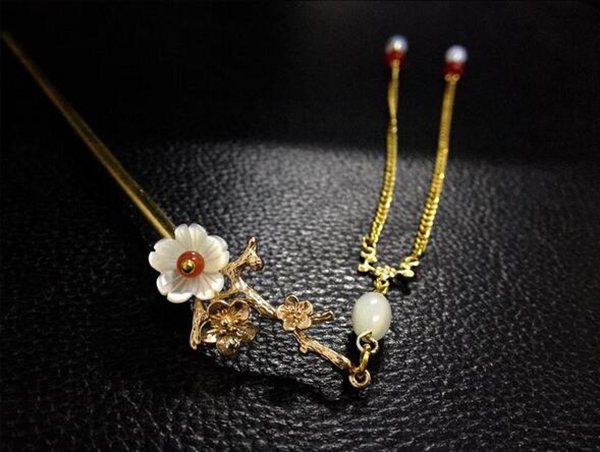 銅鍍金樹枝貝殼花古典匠心啟航閱讀流蘇簡約簪