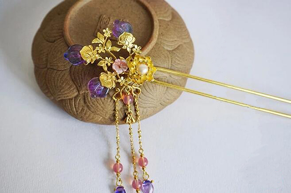 中國古風頭飾琉璃流蘇步搖黃銅發(fā)簪子