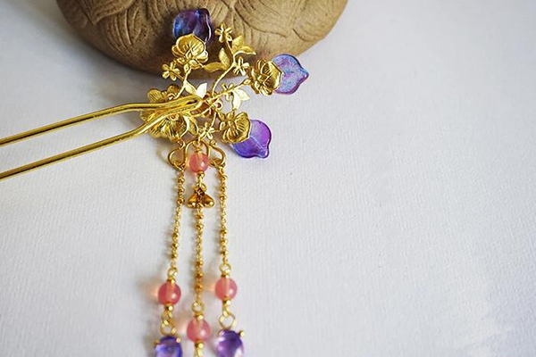 中國古風頭飾琉璃流蘇步搖黃銅發(fā)簪子