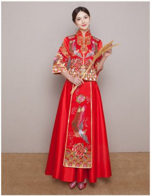 牡丹鳳凰刺繡新娘禮服，唯美中式禮服