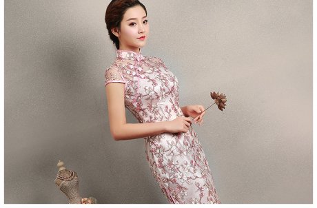 粉色繡花旗袍，蕾絲短款旗袍裙