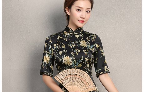 黑色時(shí)尚印黃花旗袍，奧黛旗袍裙