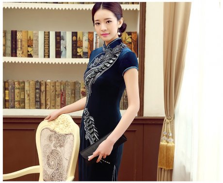 藍色鳳羽立體刺繡旗袍，短袖絲絨旗袍裙