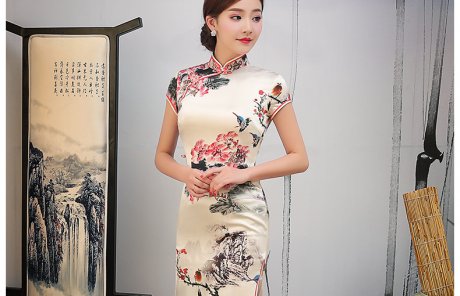 淡黃色水墨印花旗袍，復(fù)古真絲旗袍裙