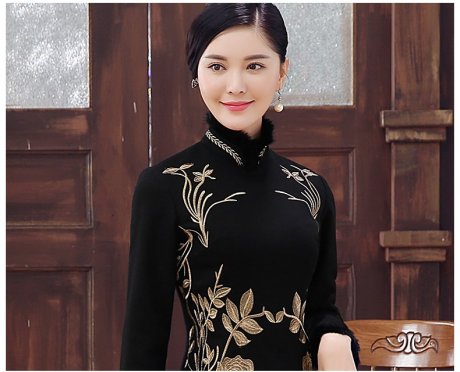 黑色麥穗繡花旗袍，加厚短款旗袍裙