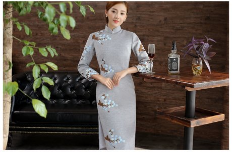 灰色繡花旗袍，復(fù)古文藝旗袍裙