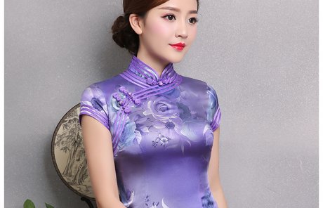 紫玫瑰印花旗袍，短袖三包邊旗袍裙