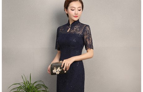 復(fù)古蕾絲繡花亮片旗袍，深藍(lán)色旗袍裙