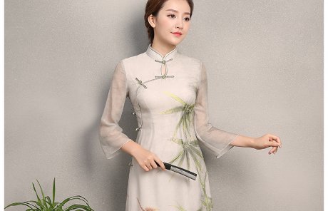 竹軒淡雅旗袍，中袖改良奧黛風旗袍裙