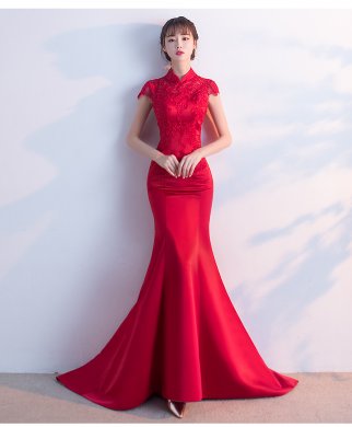 時尚魚尾拖尾中式禮服，蕾絲氣質(zhì)晚禮服