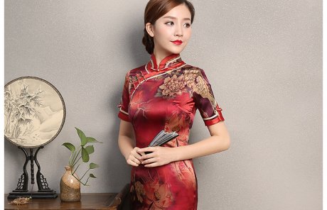 紅色復古風情旗袍，短袖印花旗袍裙