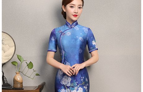 藍(lán)嬌印花旗袍，復(fù)古真絲旗袍裙