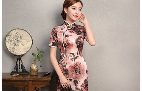 秋鴻印花旗袍，真絲中袖旗袍裙