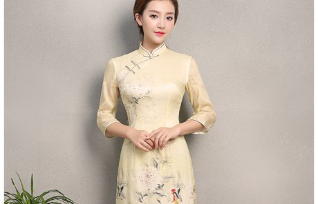 淡黃色靈鳳旗袍，奧黛改良旗袍裙