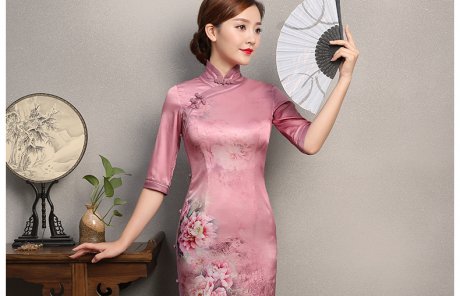粉色墨畫旗袍，中袖真絲旗袍裙