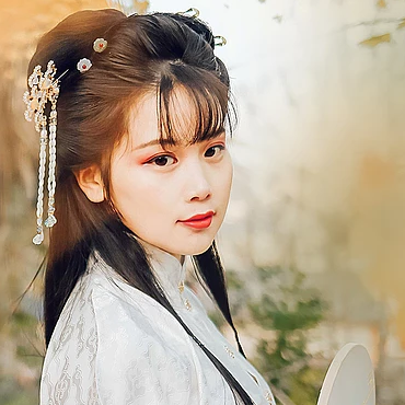 秋落意境帶團扇女生頭像，唯美古風真人頭像