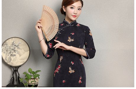 藍灰色蝴蝶旗袍，優(yōu)雅復古旗袍裙