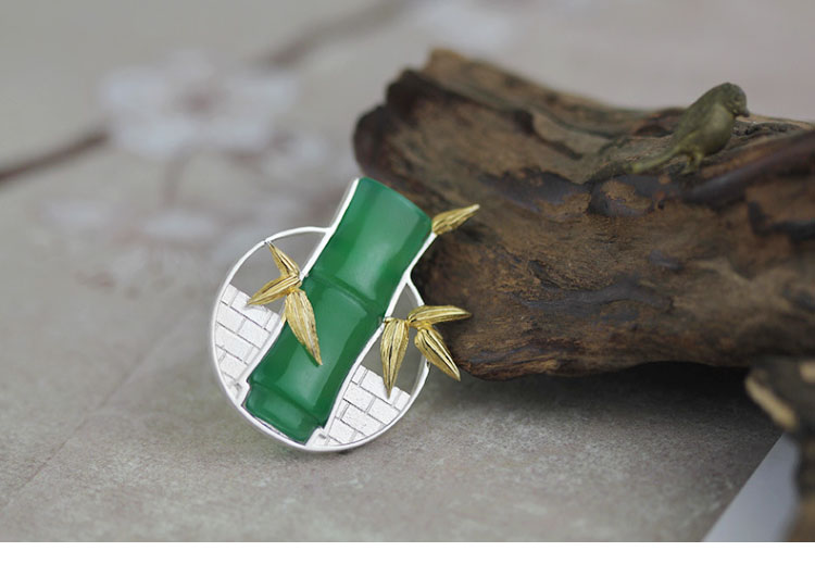 匠心啟航閱讀古典鑲玉髓竹子純銀胸針