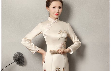 淺杏色樂鵲旗袍，清新復(fù)古旗袍裙