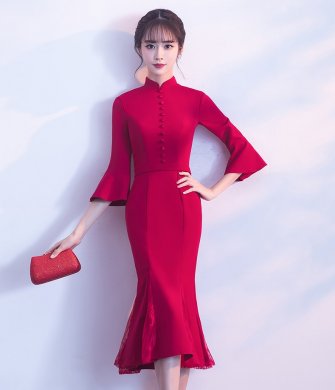 復(fù)古魚尾中式禮服，氣質(zhì)修身晚禮服