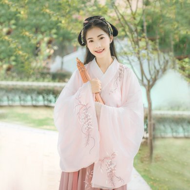 小清新粉色紫藤蘿刺繡漢服，大袖交領(lǐng)襦裙?jié)h服