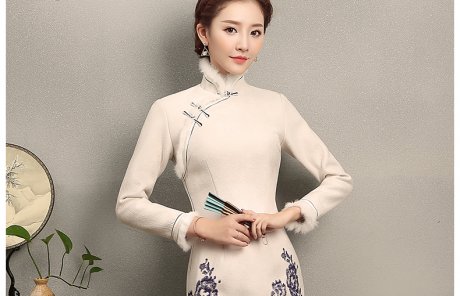 青花瓷素雅旗袍，別致兔毛立領旗袍裙