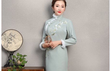 碧綠色繡花旗袍，素淡文藝旗袍裙