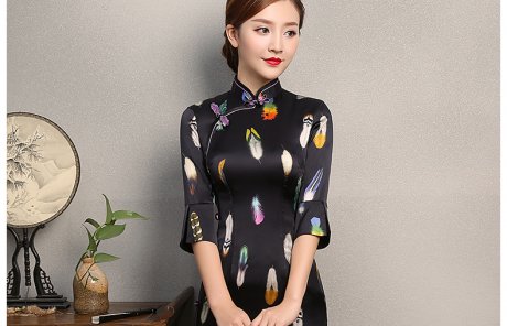 黑色香羽旗袍，蠶絲中袖旗袍裙