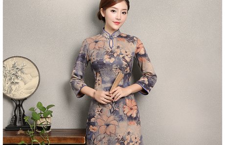 復(fù)古印花旗袍，藍紫色中袖旗袍裙