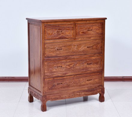 古典雕花五斗柜，仿古花梨木中式柜子