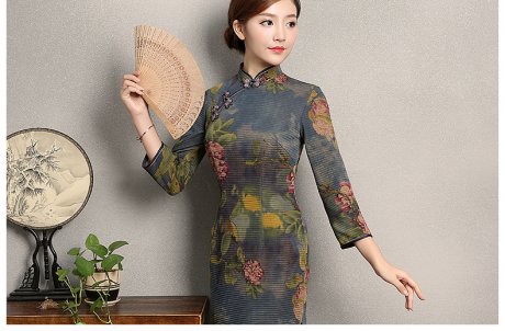 牡丹花色旗袍，古典中袖旗袍裙