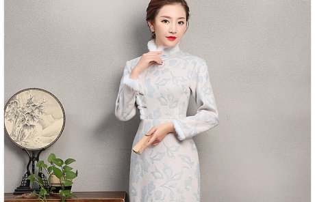 素凈淡雅旗袍，兔毛立領(lǐng)冬季旗袍裙