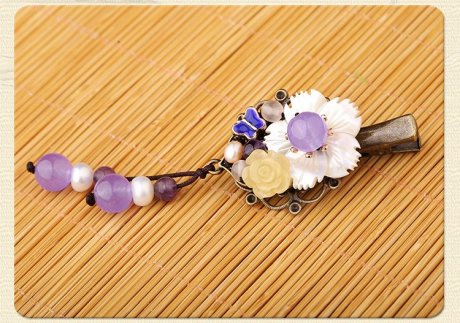 淡紫彩玉超仙發(fā)夾，古風(fēng)貝殼花朵頭飾