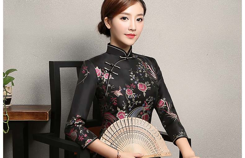 黑色鳳鳥提花旗袍，復(fù)古風(fēng)旗袍裙