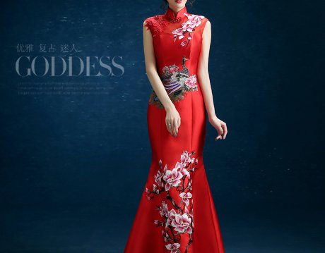 時尚復(fù)古禮服裙，迷人長款中式禮服