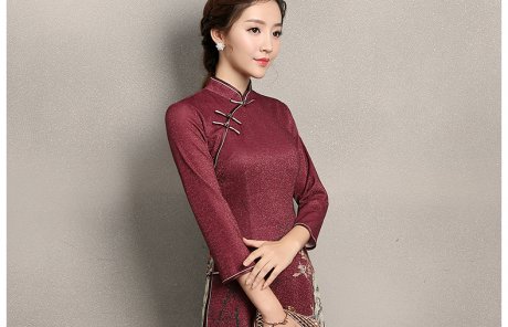 棗紅色奧黛風(fēng)旗袍，復(fù)古中式旗袍裙