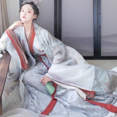 魏晉風(fēng)交領(lǐng)齊腰襦裙?jié)h服，古風(fēng)印花雪紡漢服