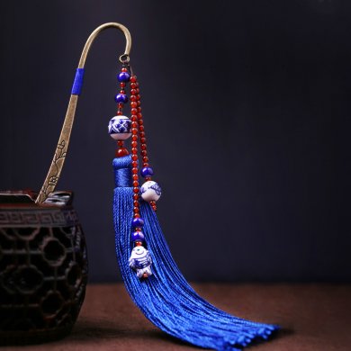 藍(lán)色匠心啟航閱讀復(fù)古青花瓷古風(fēng)流蘇書簽