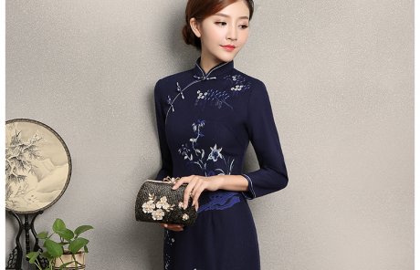 深藍(lán)色繡花旗袍，復(fù)古風(fēng)旗袍裙