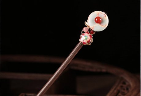 醉花月平安扣木簪子，粉色花朵發(fā)簪頭飾