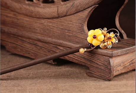 自然清新木簪子，淡黃花朵發(fā)簪頭飾