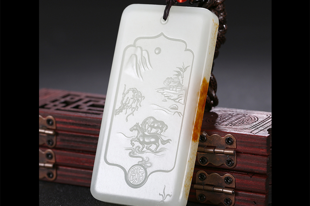 和田玉山水悠然自在掛件，白玉項鏈玉石。