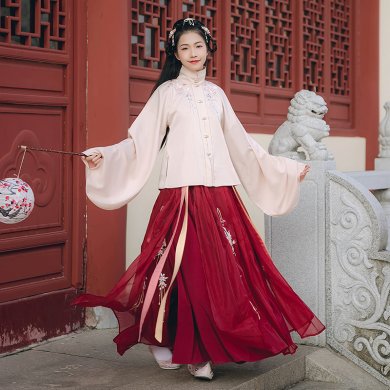 金魚戲水刺繡漢服，傳統(tǒng)立領(lǐng)紅裙?jié)h服圖片