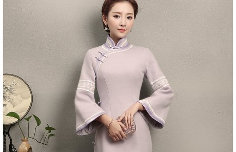 淺紫色花邊旗袍，簡(jiǎn)潔大氣的旗袍裙