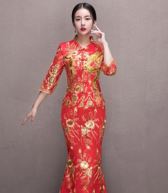 奢華花朵鳳凰刺繡中式禮服，唯美新娘魚尾禮服