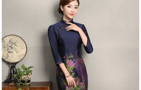 寶藍(lán)色孔雀提花旗袍，復(fù)古中式旗袍裙