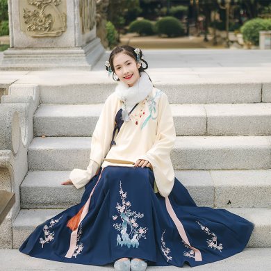 寒梅山石靈鳥繡花漢服，藏藍色傳統(tǒng)漢服